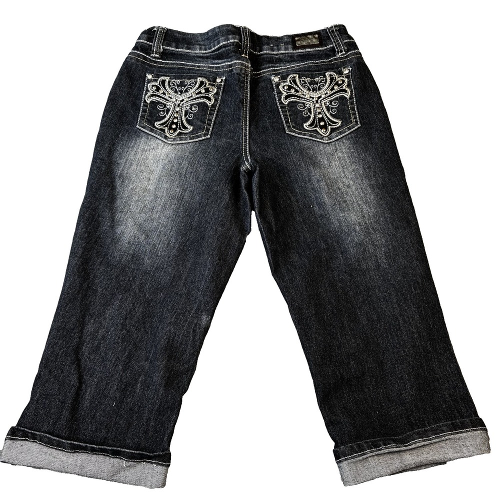 Earl Jeans Dark Stretch Denim Cuffed Capris Women's Size 8 Embellished Pockets